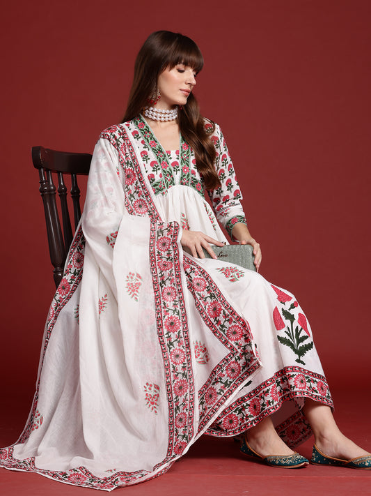 White Printed A-Line Kurta Trousers With Dupatta Set