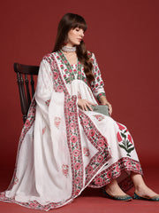 White Printed A-Line Kurta Trousers With Dupatta Set