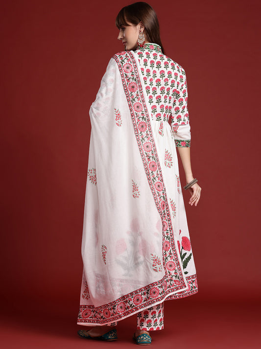 White Printed A-Line Kurta Trousers With Dupatta Set
