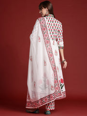 White Printed A-Line Kurta Trousers With Dupatta Set