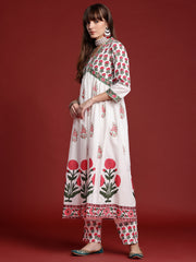White Printed A-Line Kurta Trousers With Dupatta Set