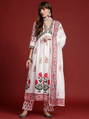 White Printed A-Line Kurta Trousers With Dupatta Set