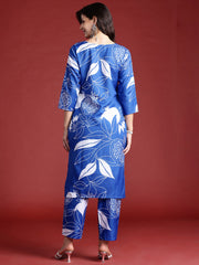 Indo Era Blue Printed Straight Kurta Trousers Set