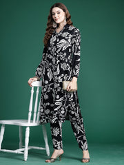 Black Printed Straight Kurta Trousers Set