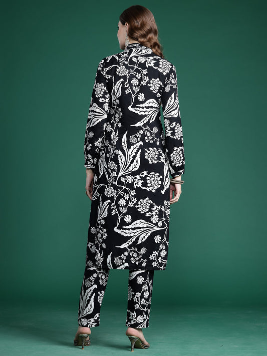 Black Printed Straight Kurta Trousers Set