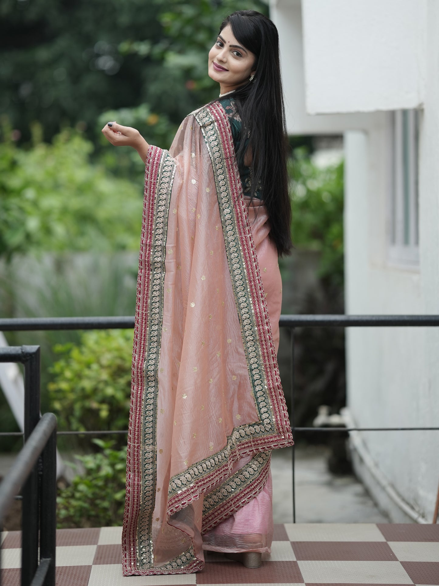 Women's Organza Peach Embellished Designer Saree With Blouse Piece