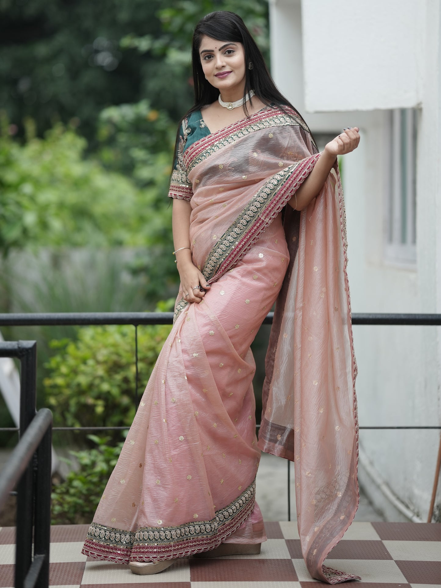 Women's Organza Peach Embellished Designer Saree With Blouse Piece