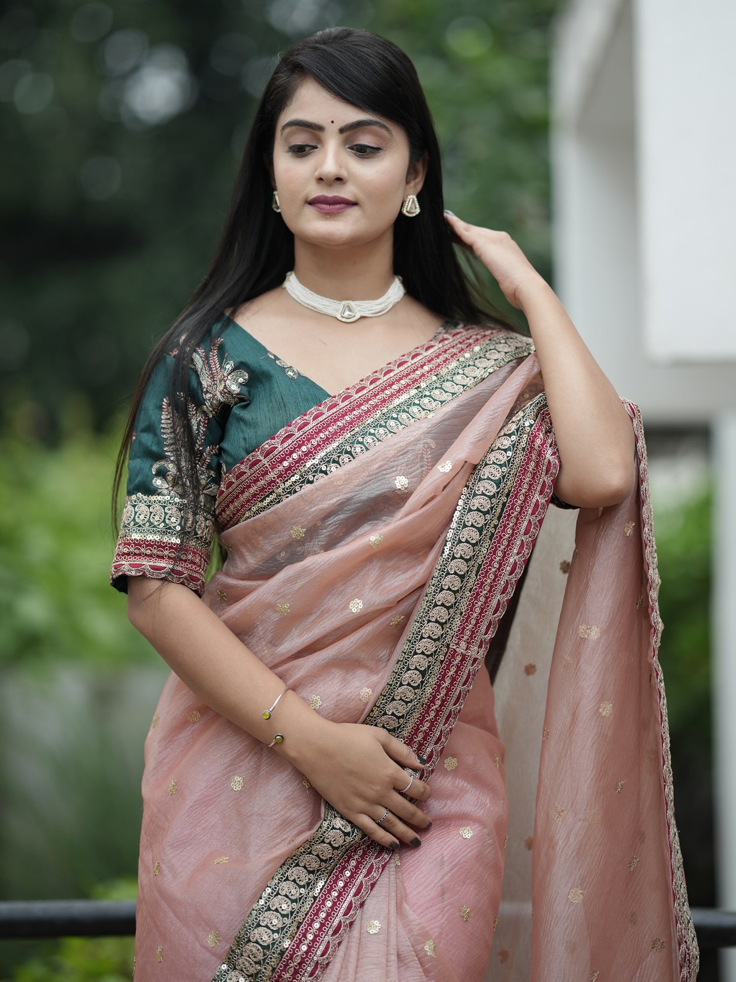 Women's Organza Peach Embellished Designer Saree With Blouse Piece
