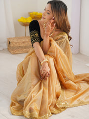 Women's Net Gold Embellished Designer Saree With Blouse Piece