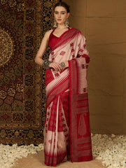 Women's Bhagalpuri Silk Beige Printed Designer Saree With Blouse Piece