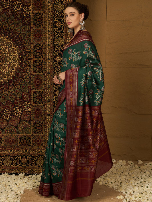 Women's Bhagalpuri Silk Green Printed Designer Saree With Blouse Piece