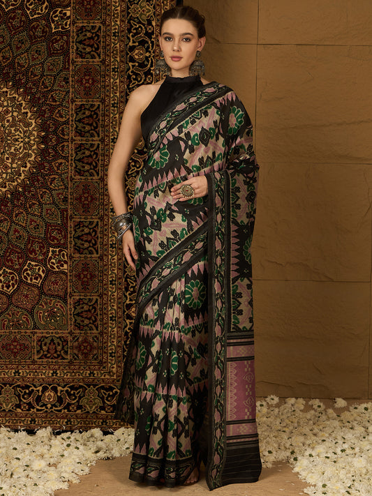 Women's Bhagalpuri Silk Black Printed Designer Saree With Blouse Piece