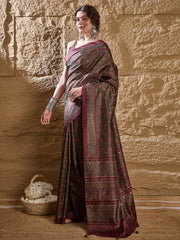 Women's Silk Blend Printed Designer Saree With Blouse Piece