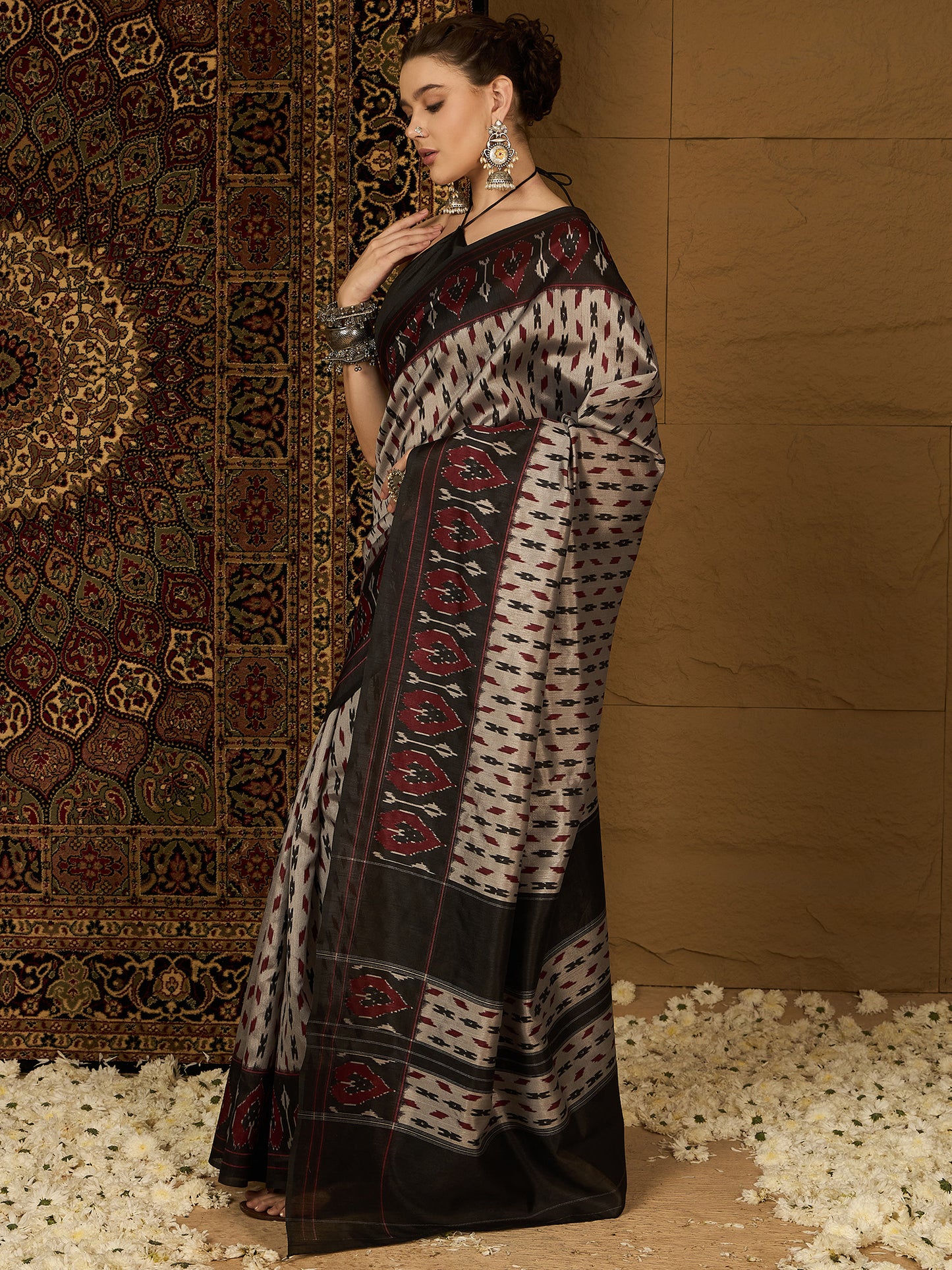 Women's Bhagalpuri Silk Grey Printed Designer Saree With Blouse Piece