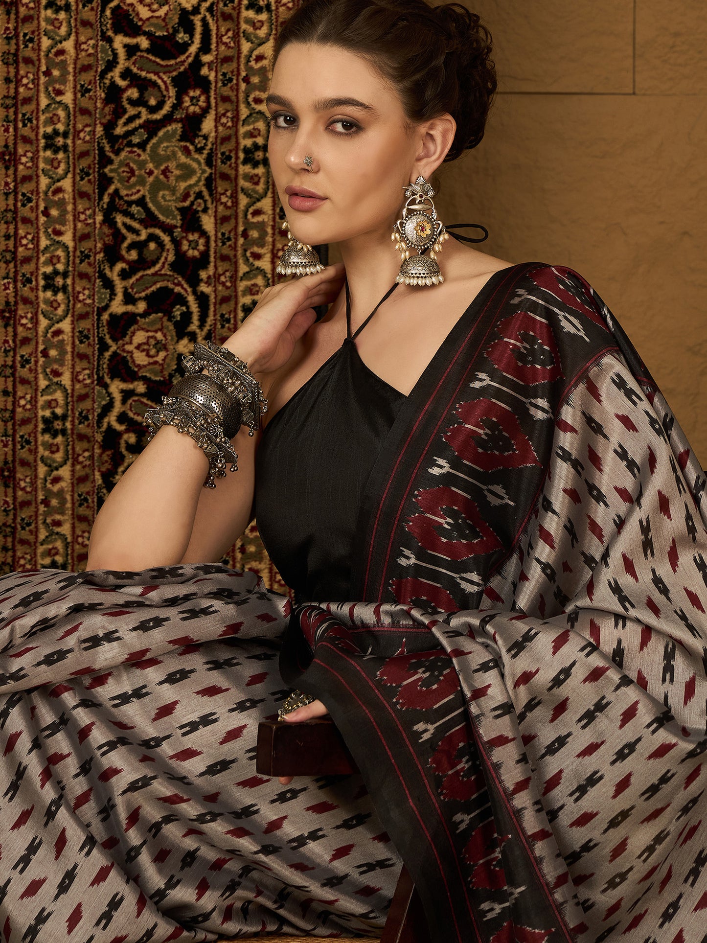 Women's Bhagalpuri Silk Grey Printed Designer Saree With Blouse Piece