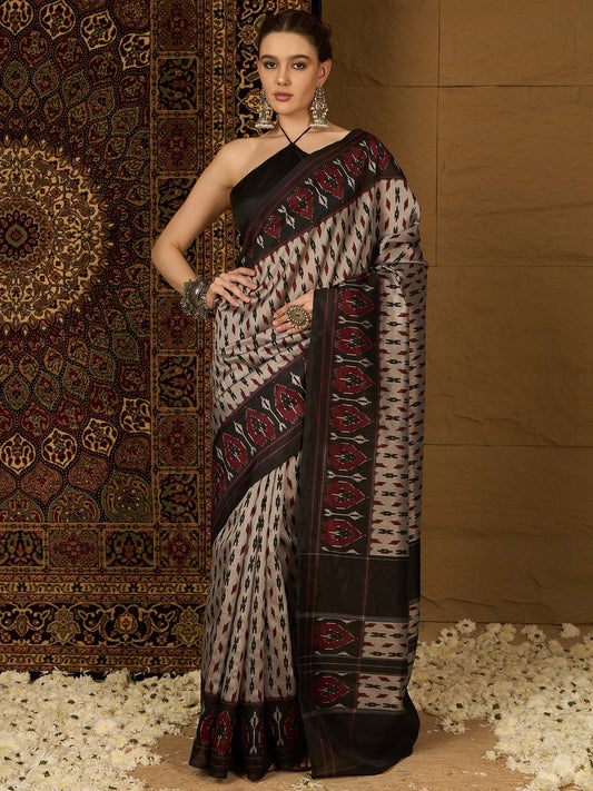 Women's Bhagalpuri Silk Grey Printed Designer Saree With Blouse Piece