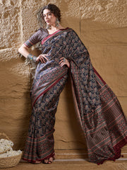 Women's Silk Blend Printed Designer Saree With Blouse Piece