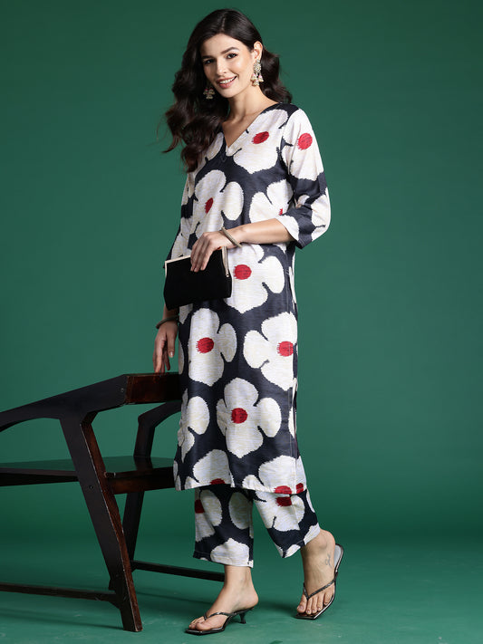 Indo Era - Black Printed Straight Kurta Trousers  Set