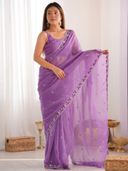 Women's Paper Silk Lavendar Embroidered Designer Saree With Blouse Piece
