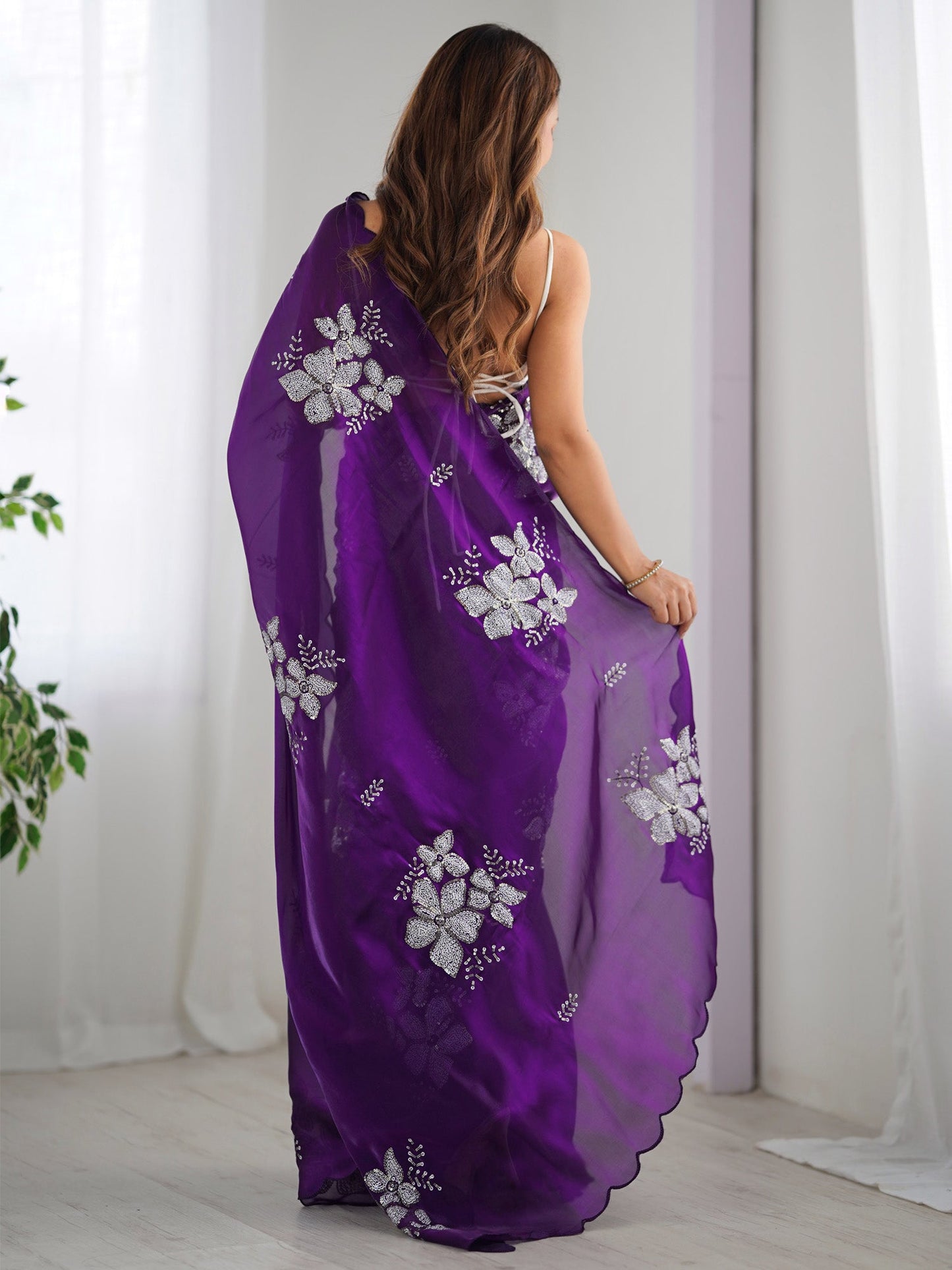 Women's Organza Light Blue Embellished Designer Saree With Blouse Piece