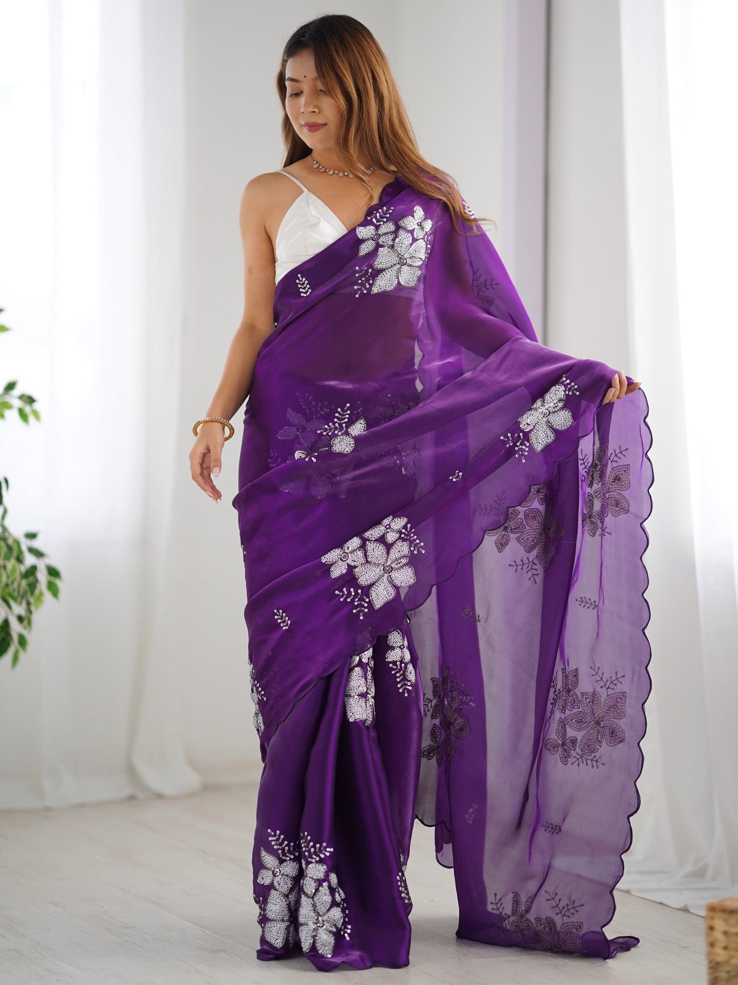 Women's Organza Light Blue Embellished Designer Saree With Blouse Piece