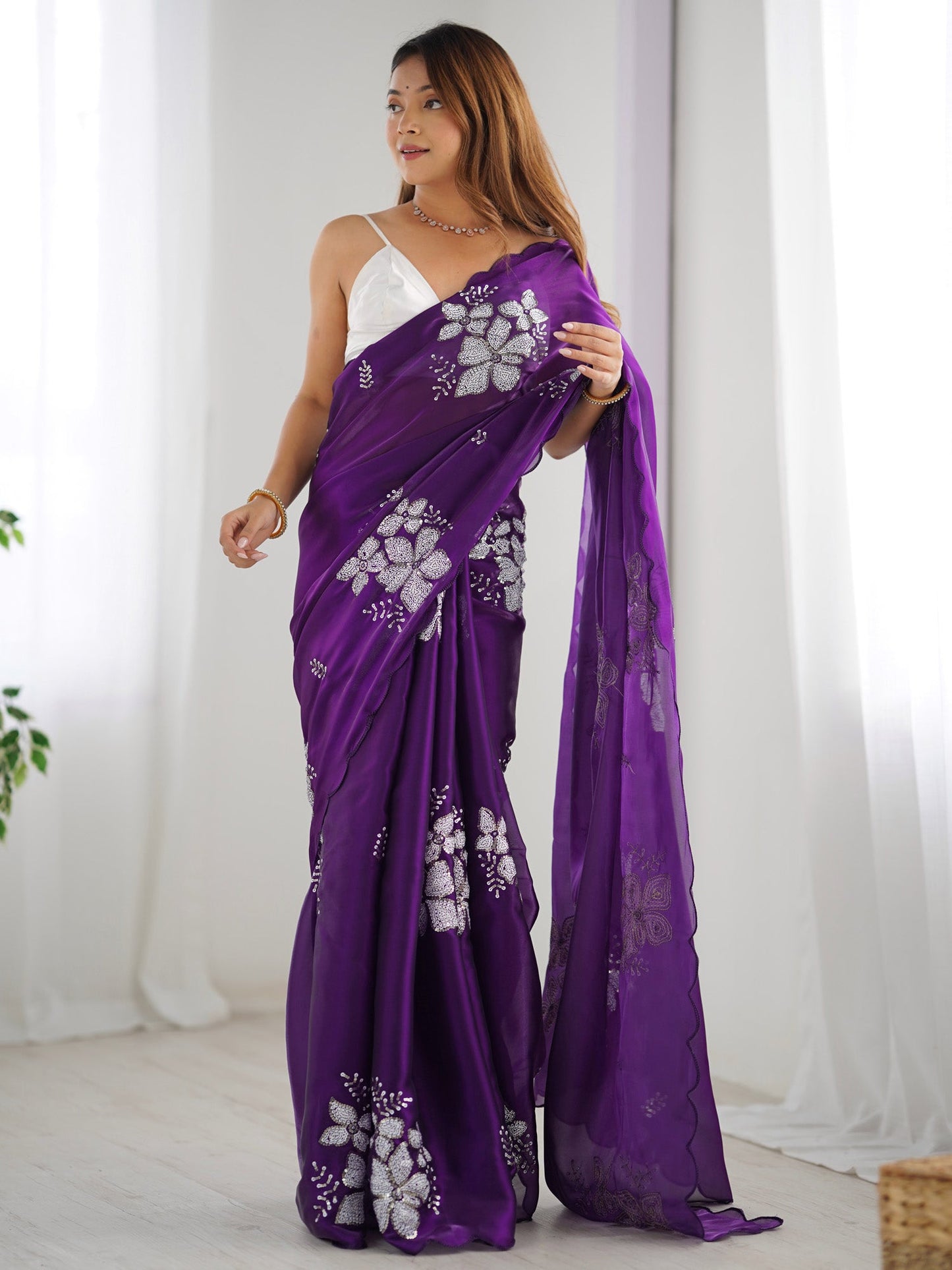 Women's Organza Light Blue Embellished Designer Saree With Blouse Piece