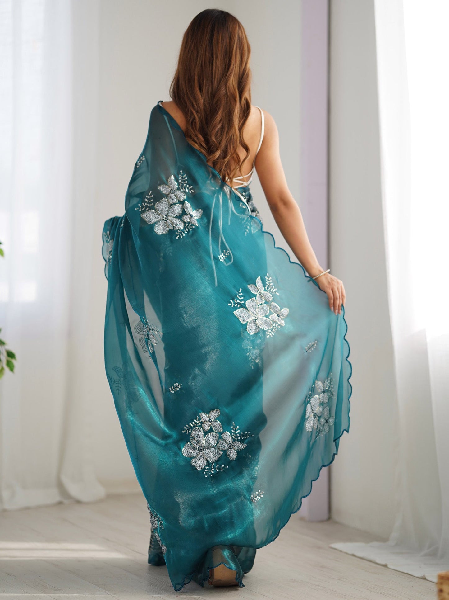 Women's Organza Light Blue Embellished Designer Saree With Blouse Piece