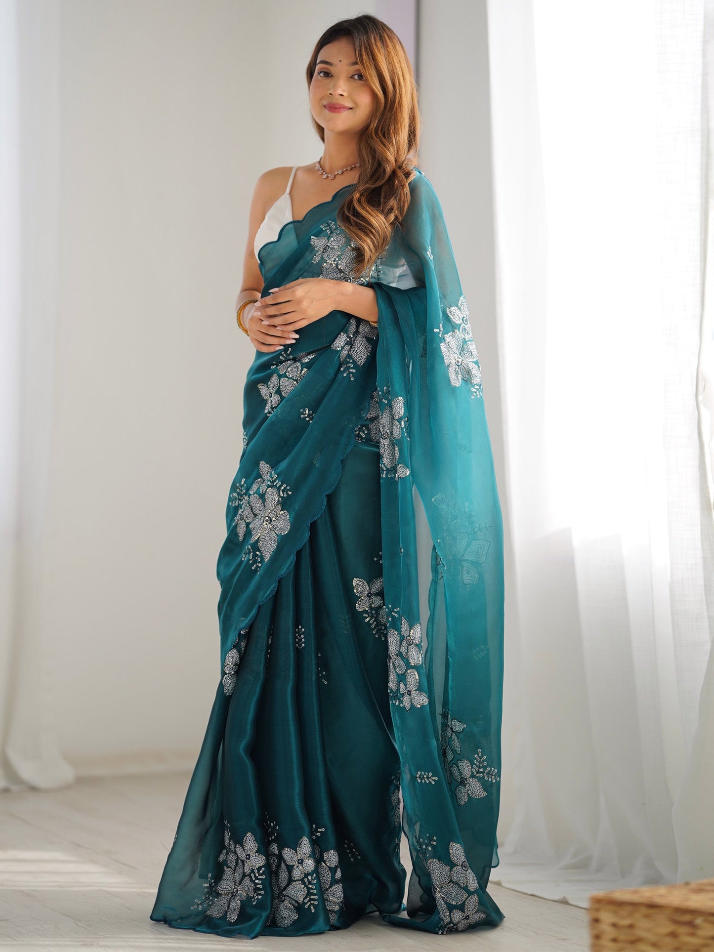 Women's Organza Light Blue Embellished Designer Saree With Blouse Piece