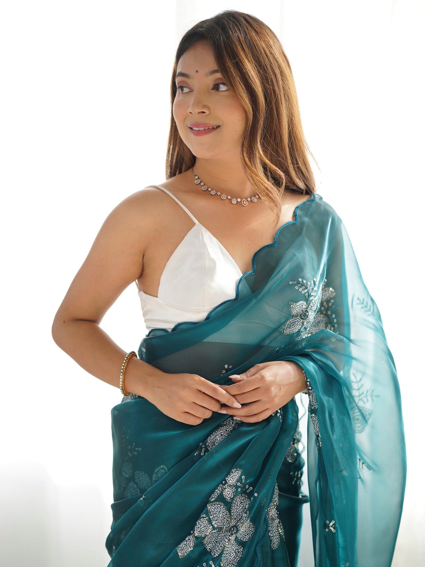 Women's Organza Light Blue Embellished Designer Saree With Blouse Piece