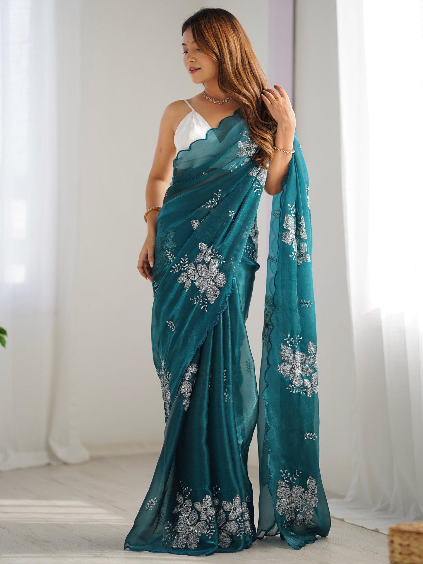 Women's Organza Light Blue Embellished Designer Saree With Blouse Piece