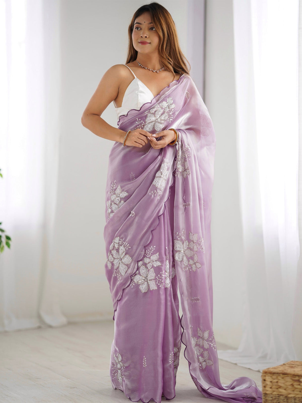 Women's Organza Lavendar Embellished Designer Saree With Blouse Piece