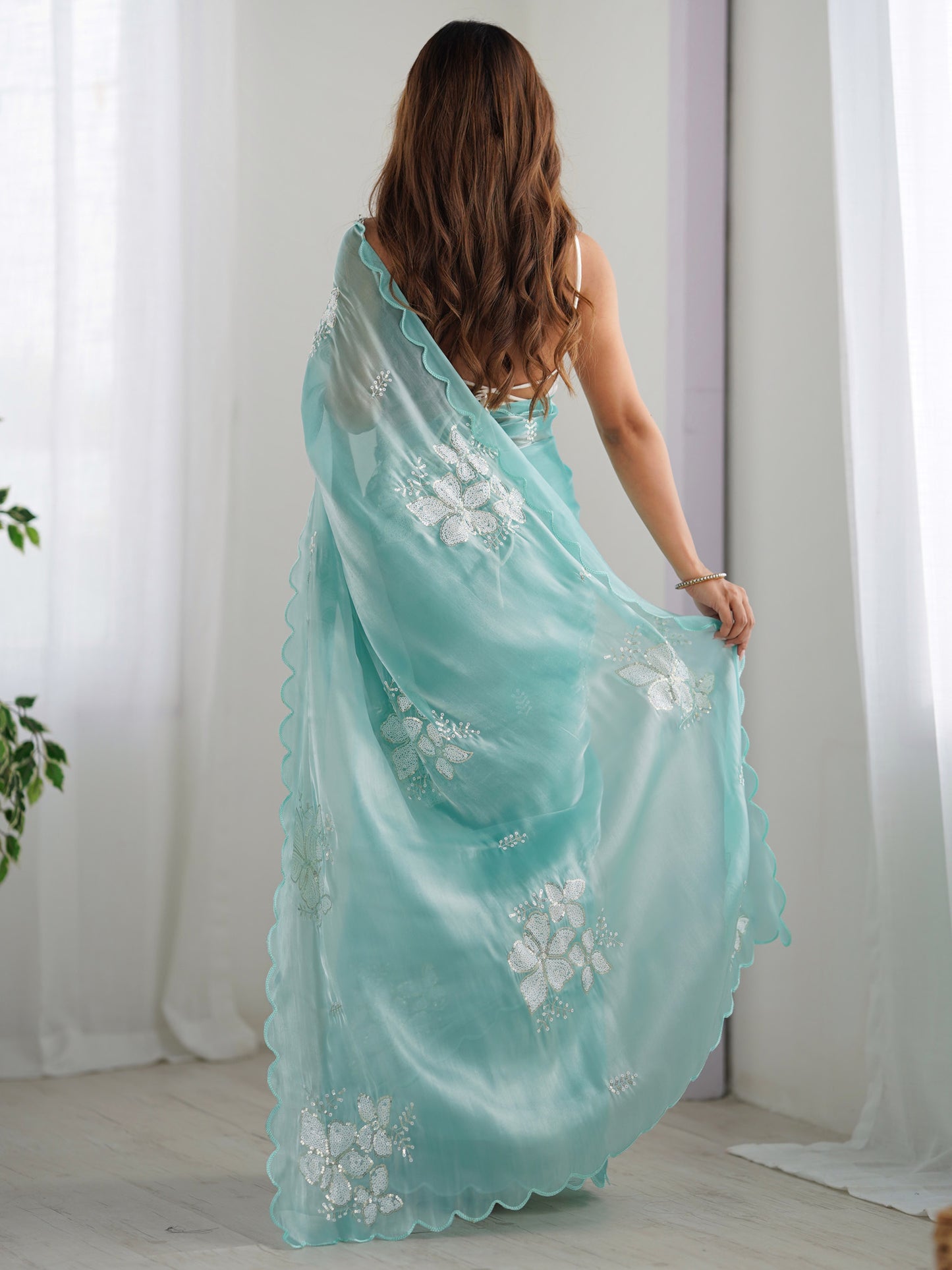 Women's Organza Light Blue Embellished Designer Saree With Blouse Piece