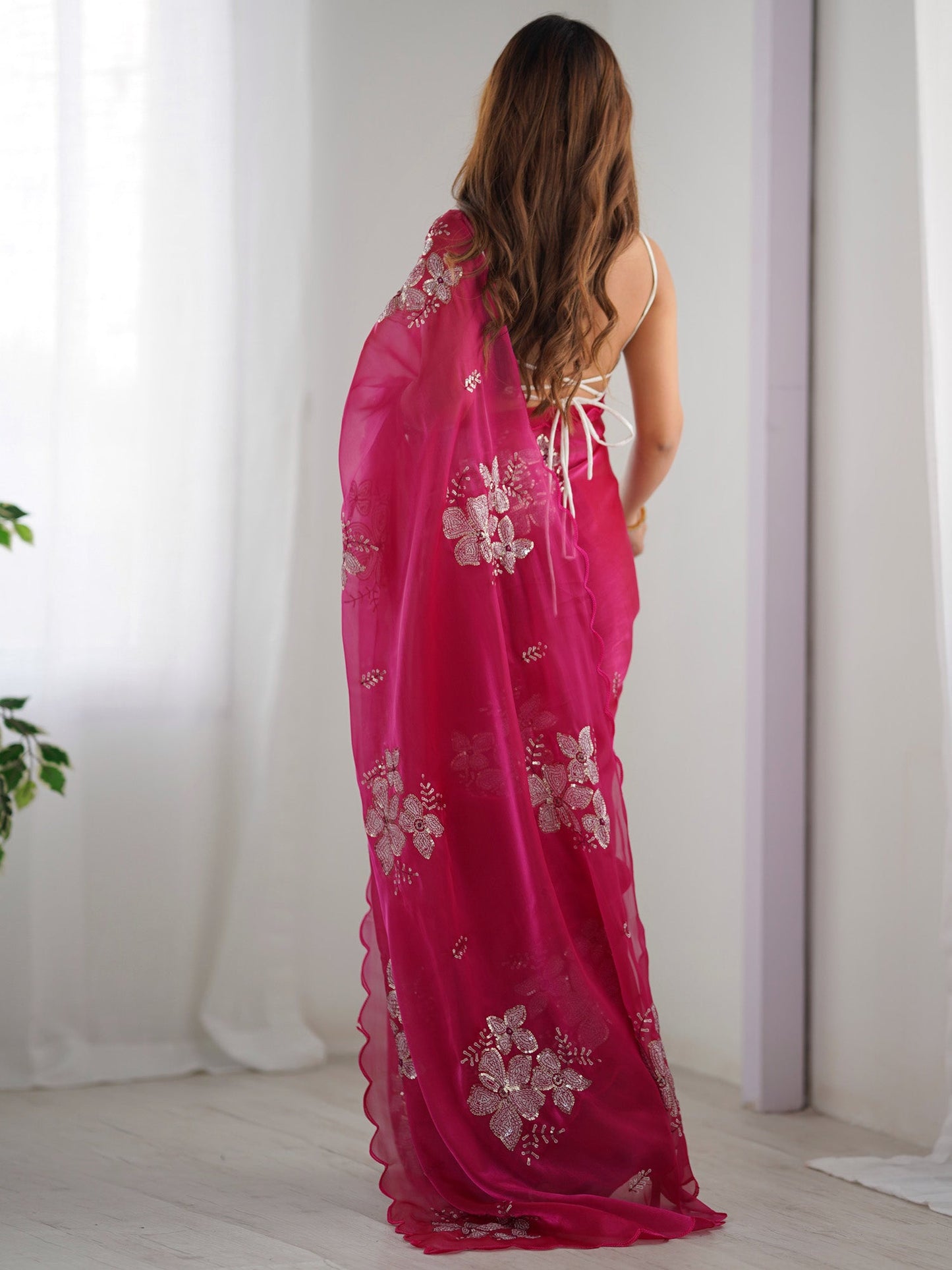 Women's Organza Light Blue Embellished Designer Saree With Blouse Piece