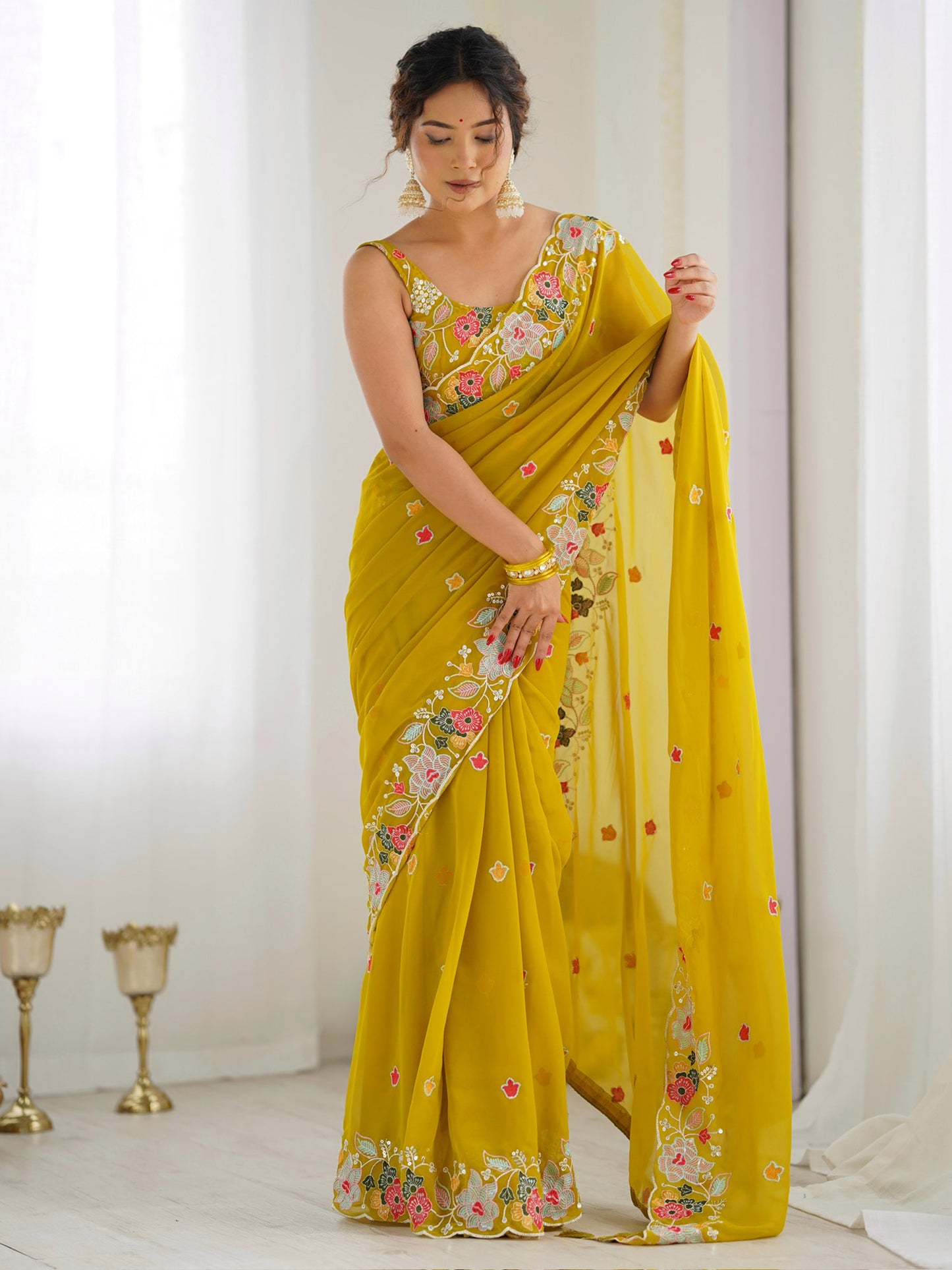 Women's Georgette Mustard Embellished Designer Saree With Blouse Piece