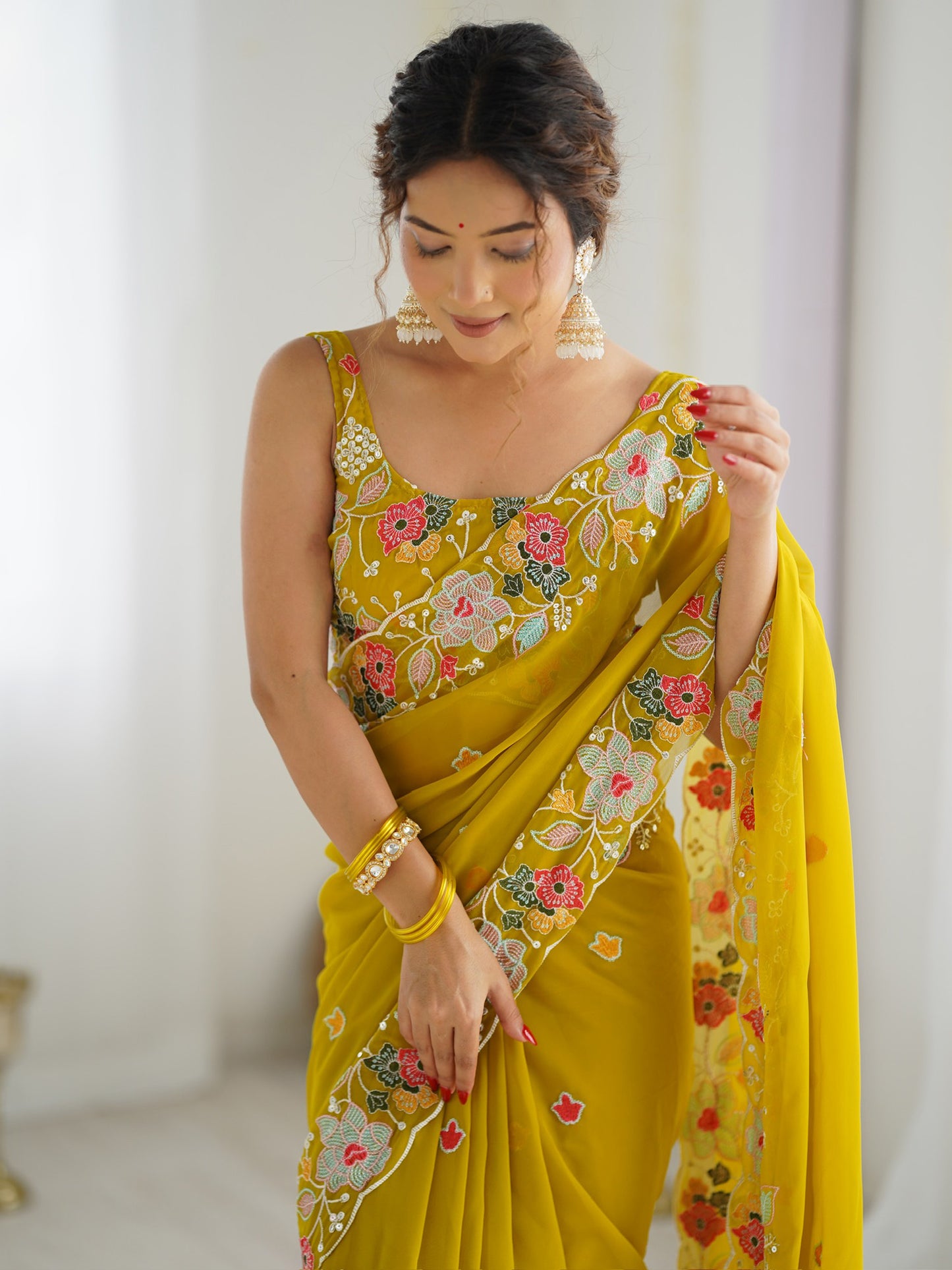 Women's Georgette Mustard Embellished Designer Saree With Blouse Piece