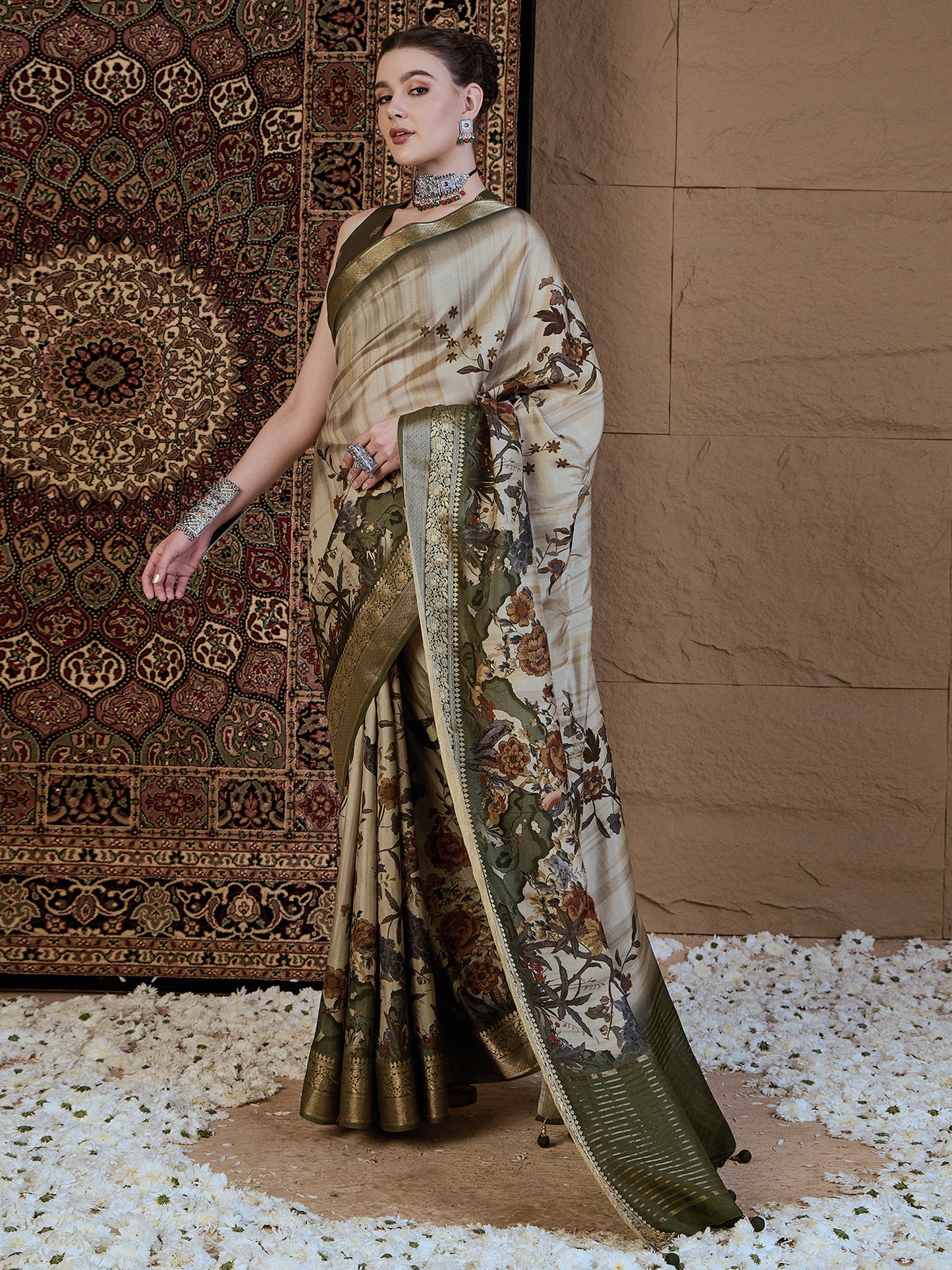 Women's Viscose Silk Beige Printed Designer Saree With Blouse Piece