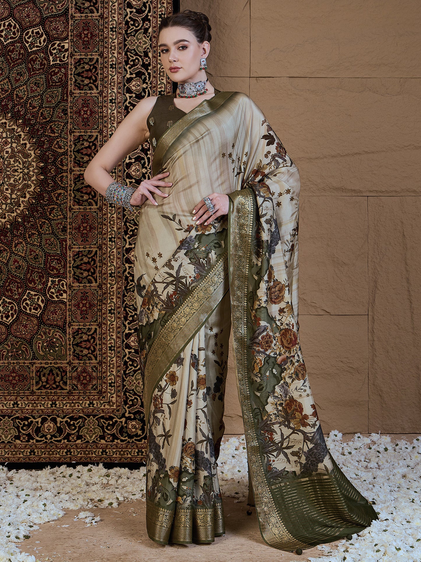 Women's Viscose Silk Beige Printed Designer Saree With Blouse Piece
