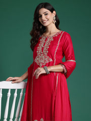 Magenta Embroidered Straight Kurta Trousers With Dupatta Set