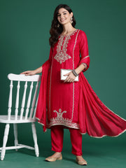 Magenta Embroidered Straight Kurta Trousers With Dupatta Set