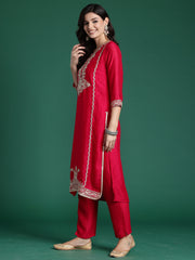 Magenta Embroidered Straight Kurta Trousers With Dupatta Set