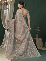 Women's Paper Silk Beige Embroidered Designer Saree With Blouse Piece