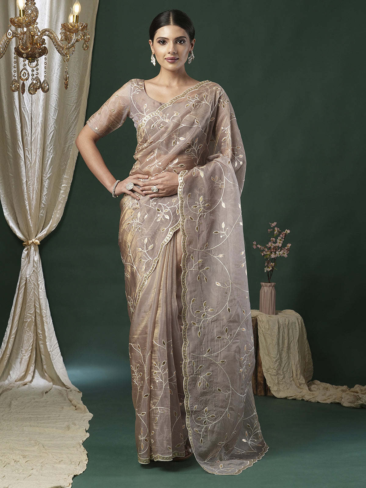 Women's Paper Silk Beige Embroidered Designer Saree With Blouse Piece