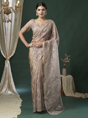 Women's Paper Silk Beige Embroidered Designer Saree With Blouse Piece