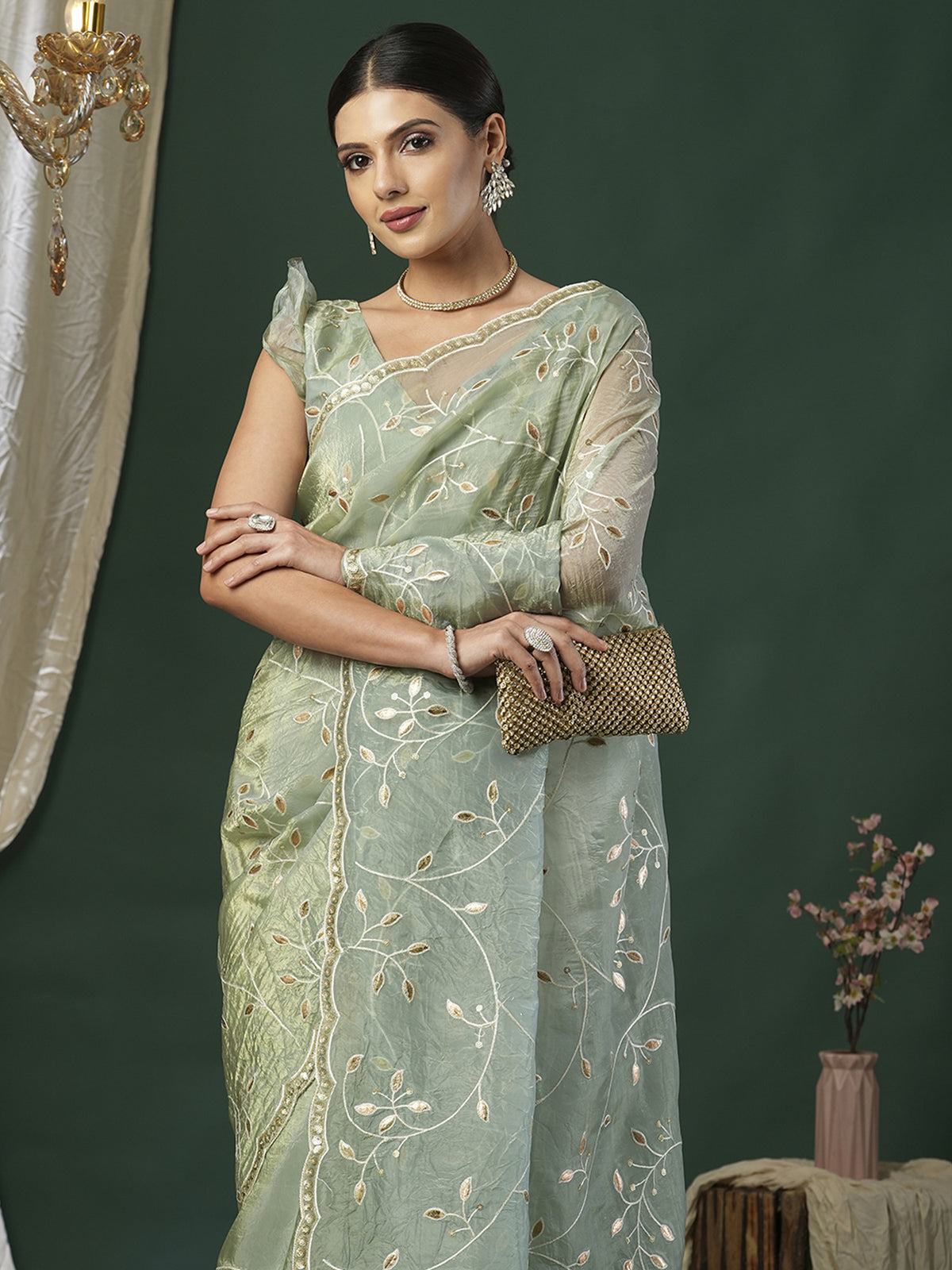 Women's Paper Silk Light Green Embroidered Designer Saree With Blouse Piece