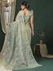 Women's Paper Silk Light Green Embroidered Designer Saree With Blouse Piece