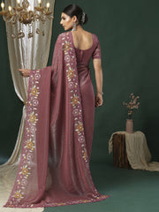 Women's Paper Silk Mauve Embroidered Designer Saree With Blouse Piece