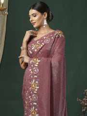 Women's Paper Silk Mauve Embroidered Designer Saree With Blouse Piece