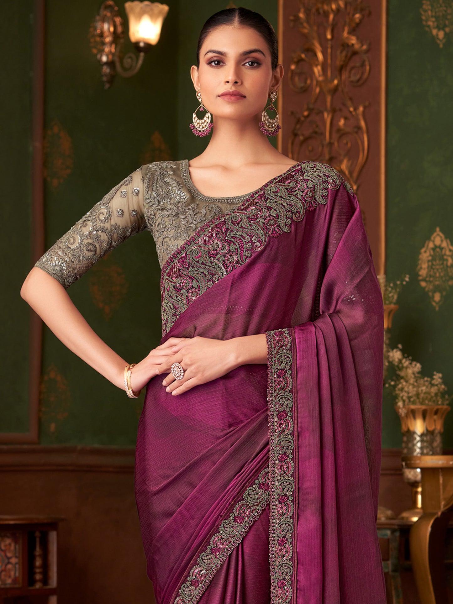 Women's Chiffon Magenta Embellished Designer Saree With Blouse Piece