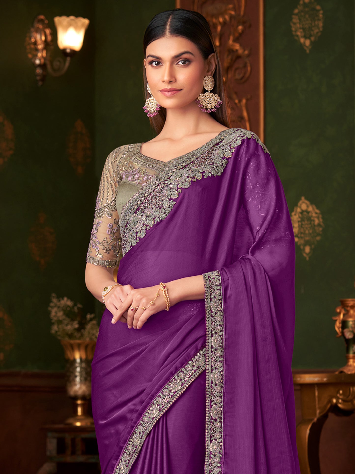 Women's Chiffon Purple Embellished Designer Saree With Blouse Piece