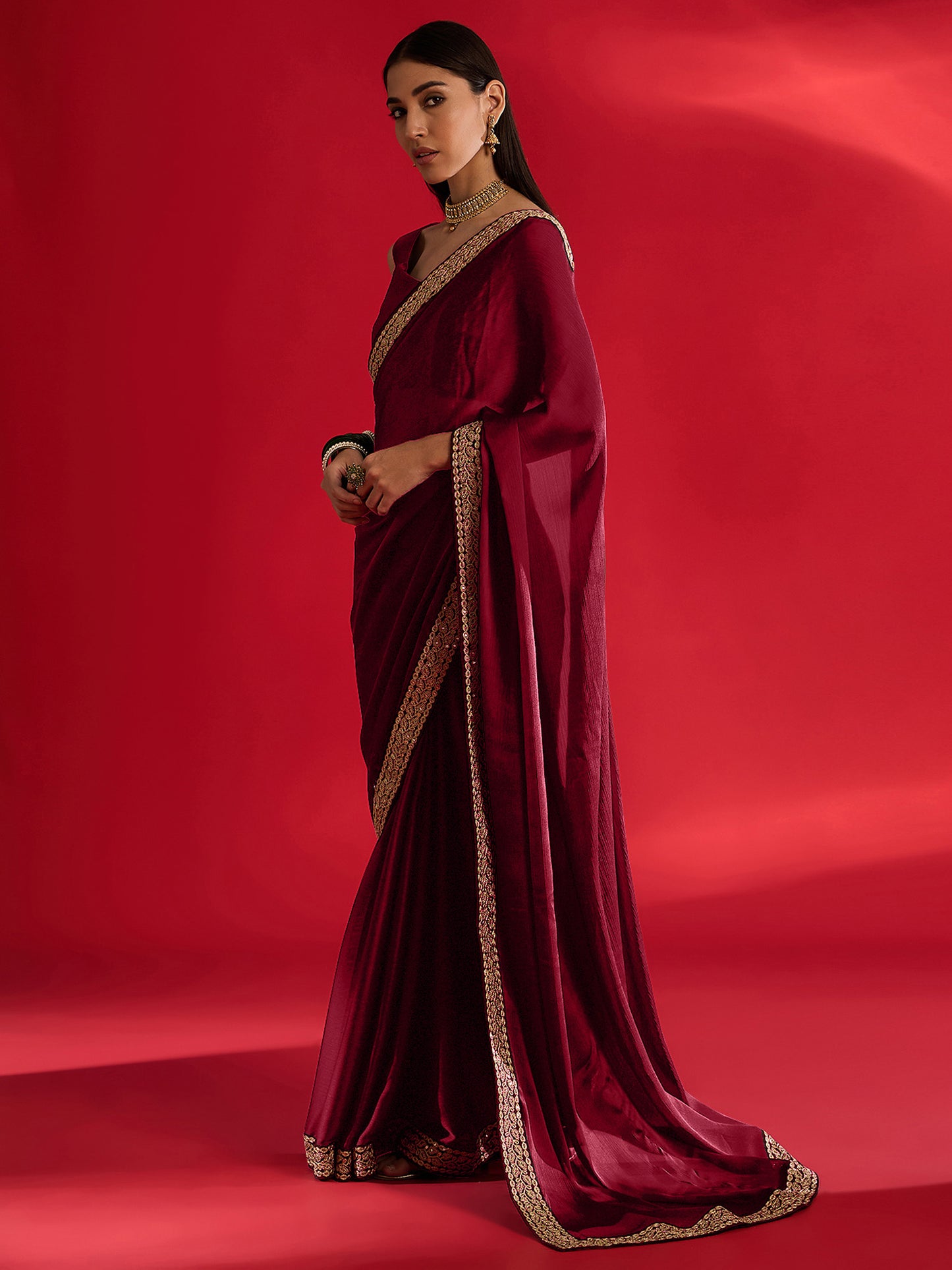Women's Satin Maroon Embellished Designer Saree With Blouse Piece